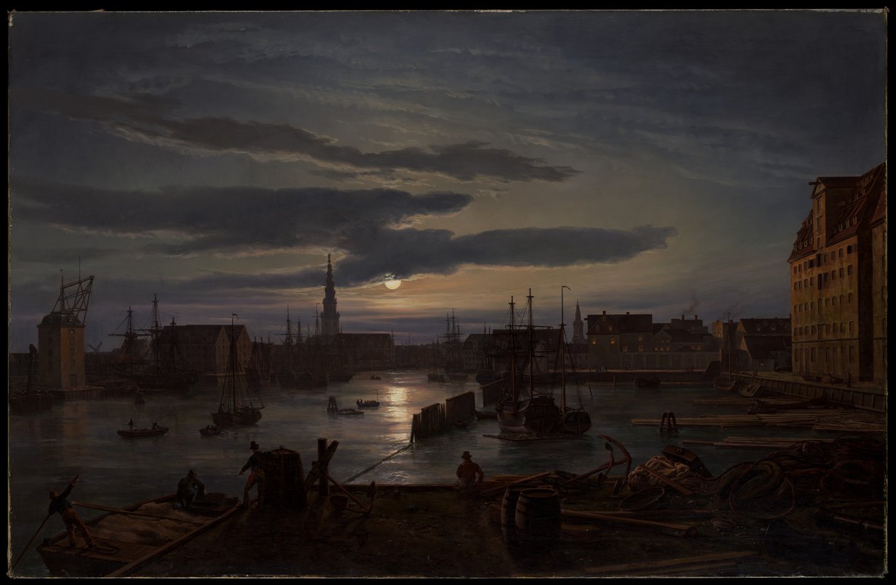 El puerto de Copenhague a la luz de la luna de Johan Christian Dahl