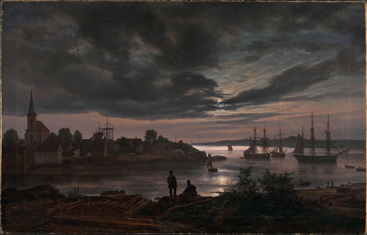 Noruega:  El puerto de Larvik a la luz de la luna Larvik a la luz de la luna de Johan Christian Dahl