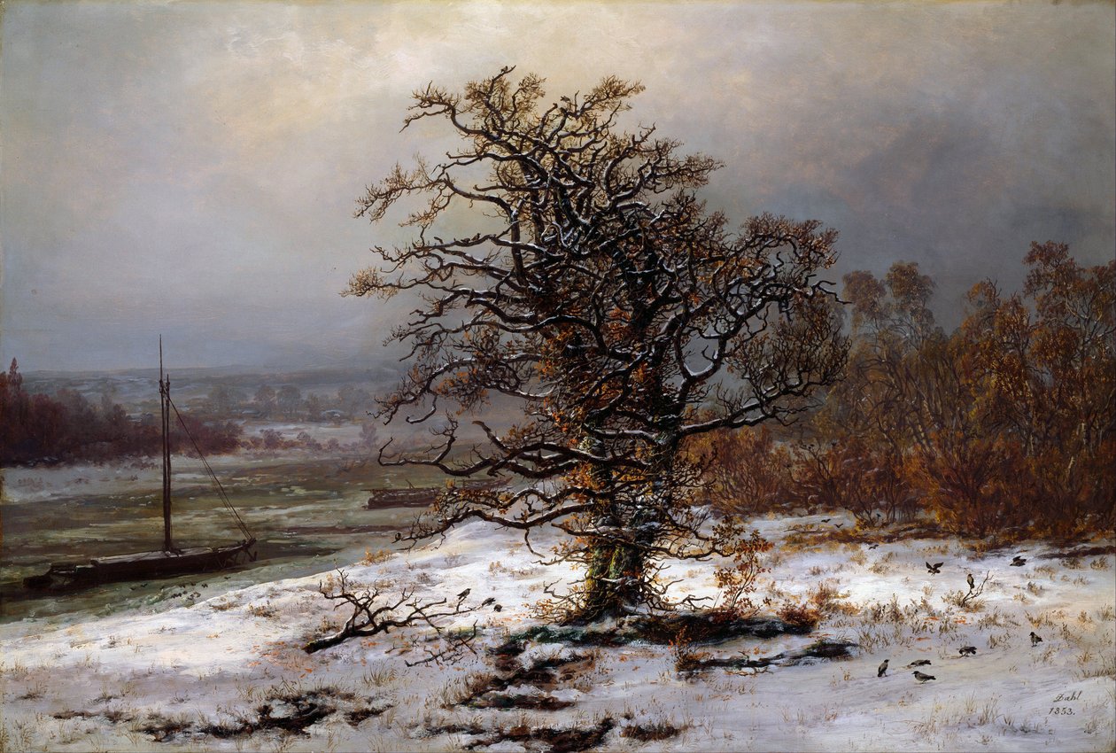""Paisaje invernal con robles a orillas del Elba, Alemania"" Pintura de Johan Christian Clausen Dahl (1788-1857) 1853 Museo Nacional de Arte, Oslo de Johan Christian Dahl
