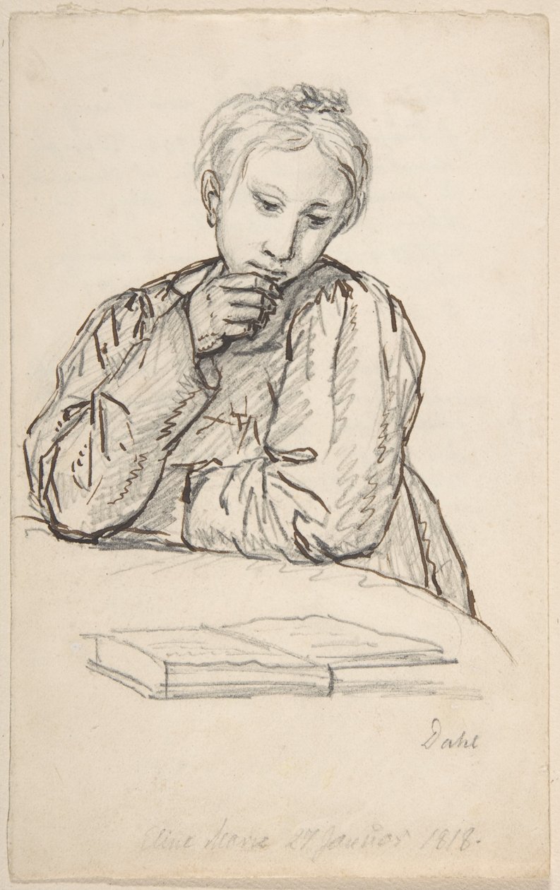 Retrato de Eline Marie Heger de niña, apoyada en una mesa y mirando un libro de Johan Christian Dahl