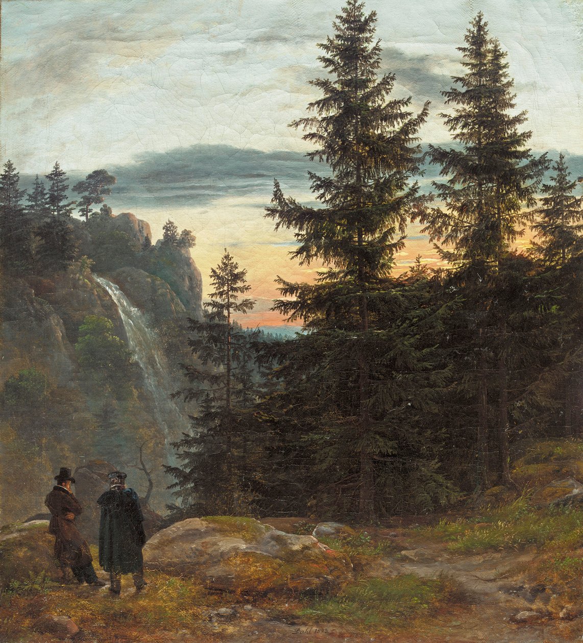 Dos hombres ante una cascada al atardecer de Johan Christian Dahl