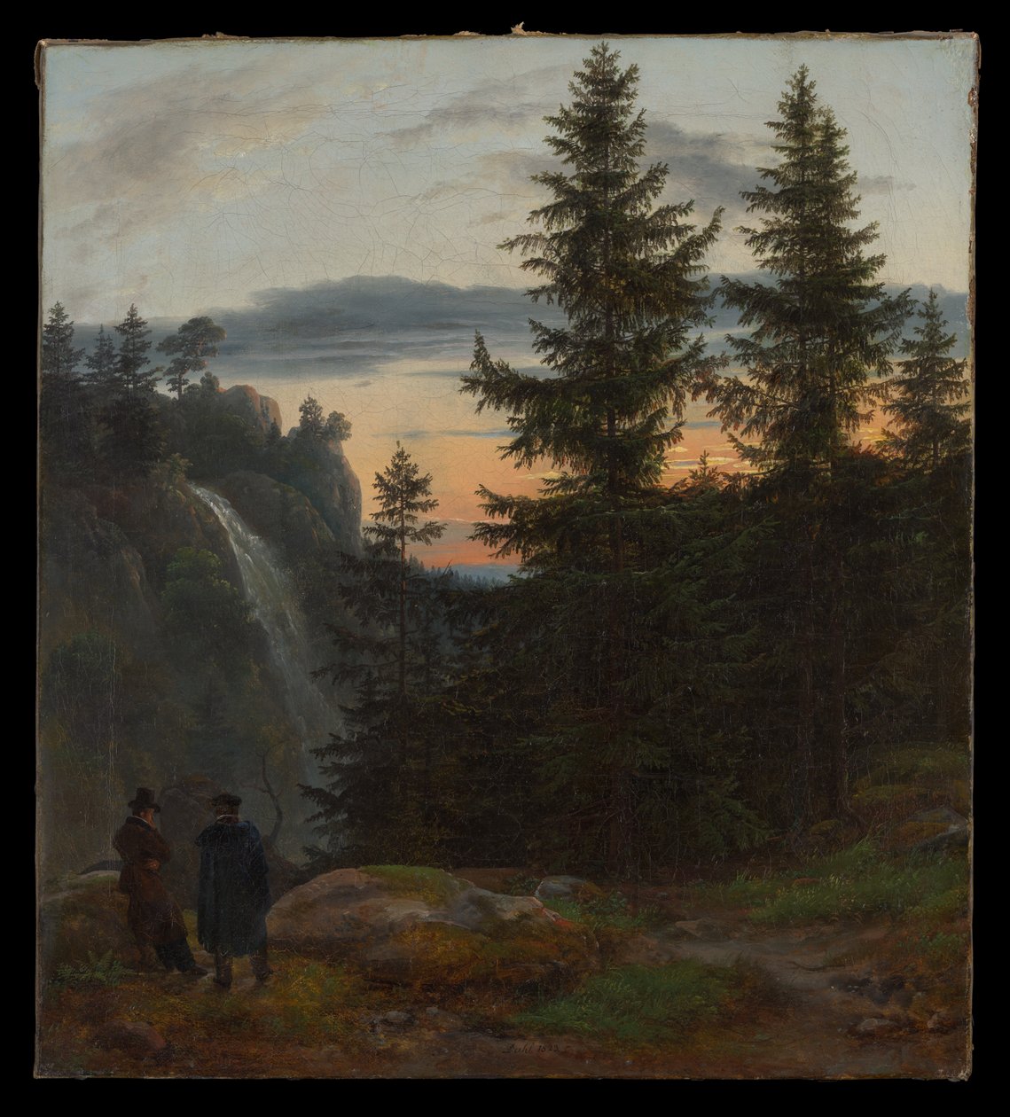 Dos hombres ante una cascada al atardecer de Johan Christian Dahl