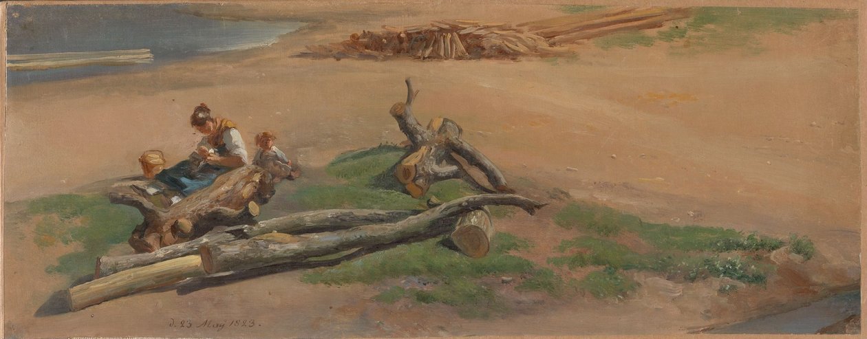 Mujer y niño en la orilla de un río de Johan Christian Dahl