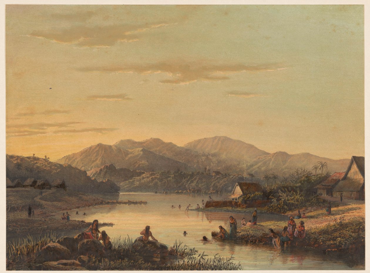 Vista del balneario de Wenditt en Java La ciudad costera de Wenditt Af. Malang. (Residencia Passarouang.) (título sobre el objeto) de Johan Conrad Greive