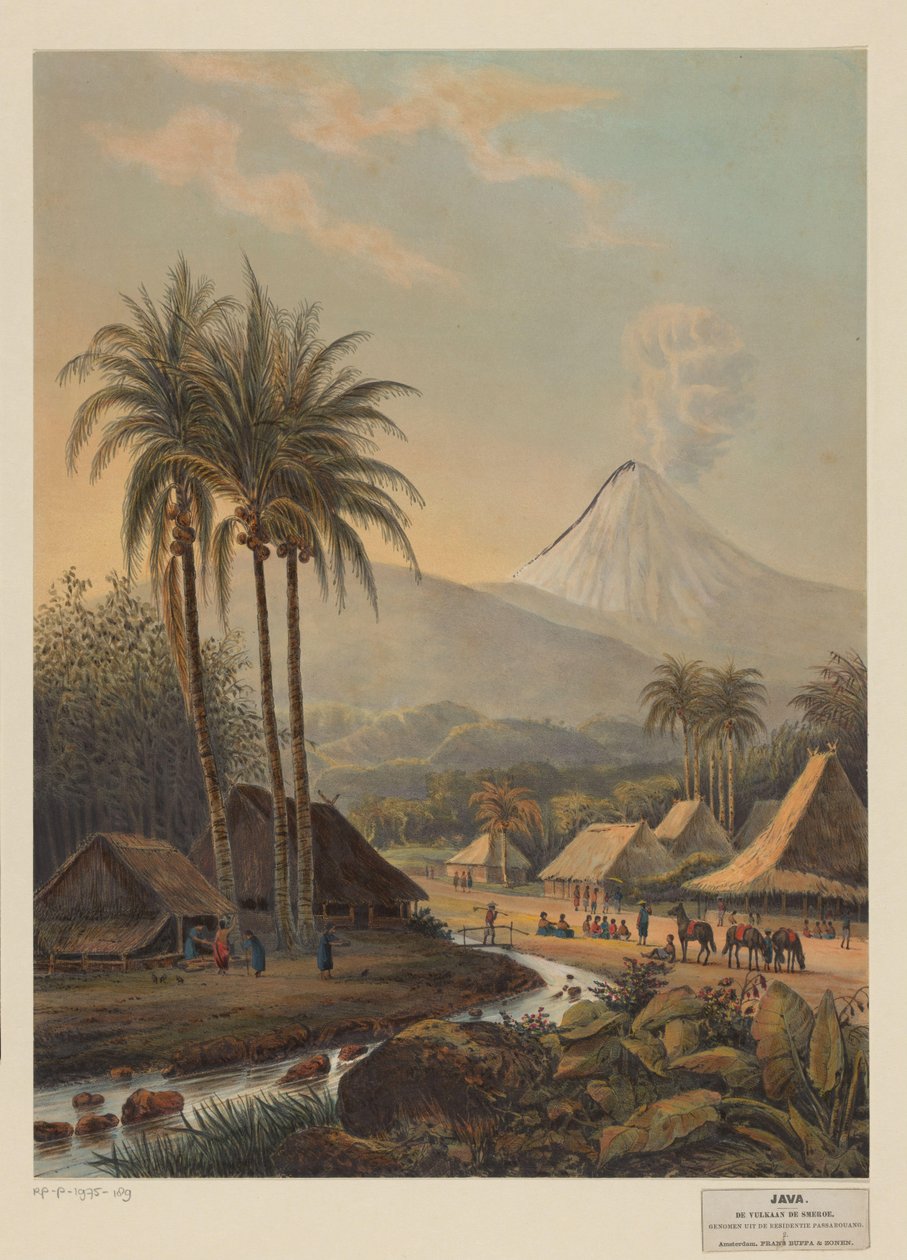 Vista de un pueblo y del volcán Semeru en Java El volcán Smroe tomado de la residencia Passa Rouang (título sobre el objeto) de Johan Conrad Greive