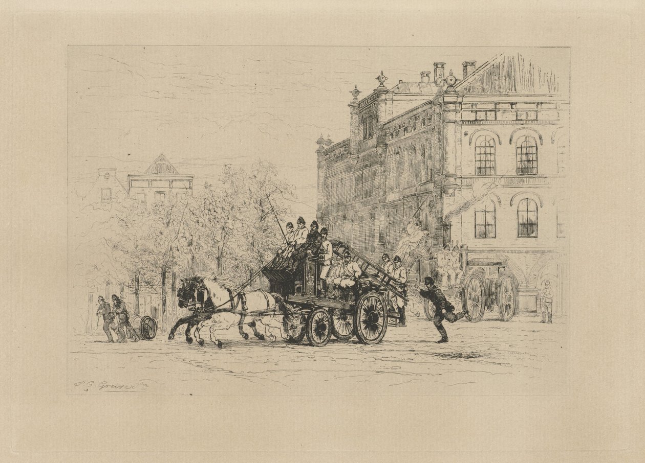 Vista de Weesperplein con un camión de bomberos de Johan Conrad Greive