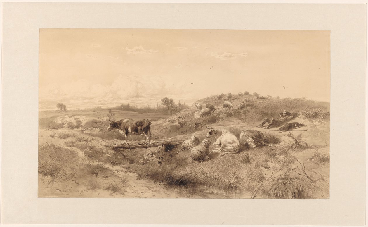 Paisaje con ganado y pastor descansando de Johan Daniël Koelman