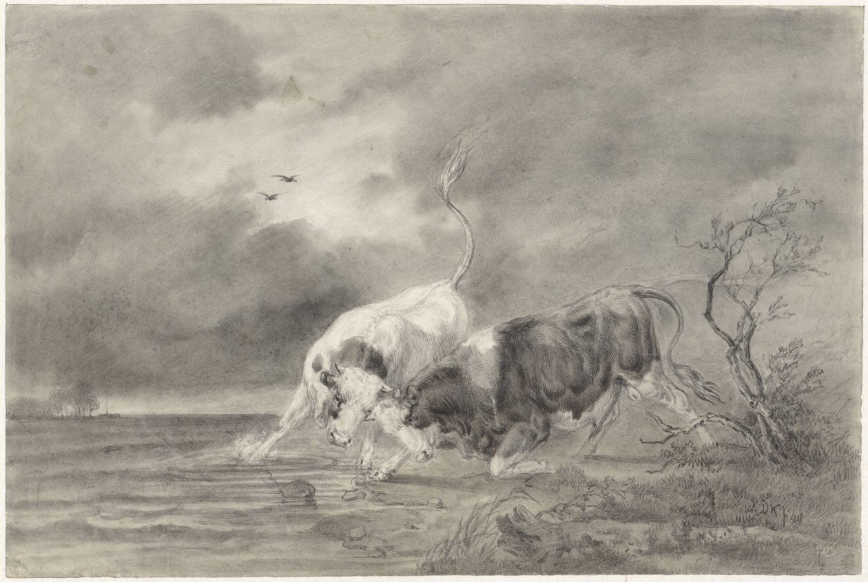 Dos toros de lidia en un paisaje fluvial de Johan Daniël Koelman