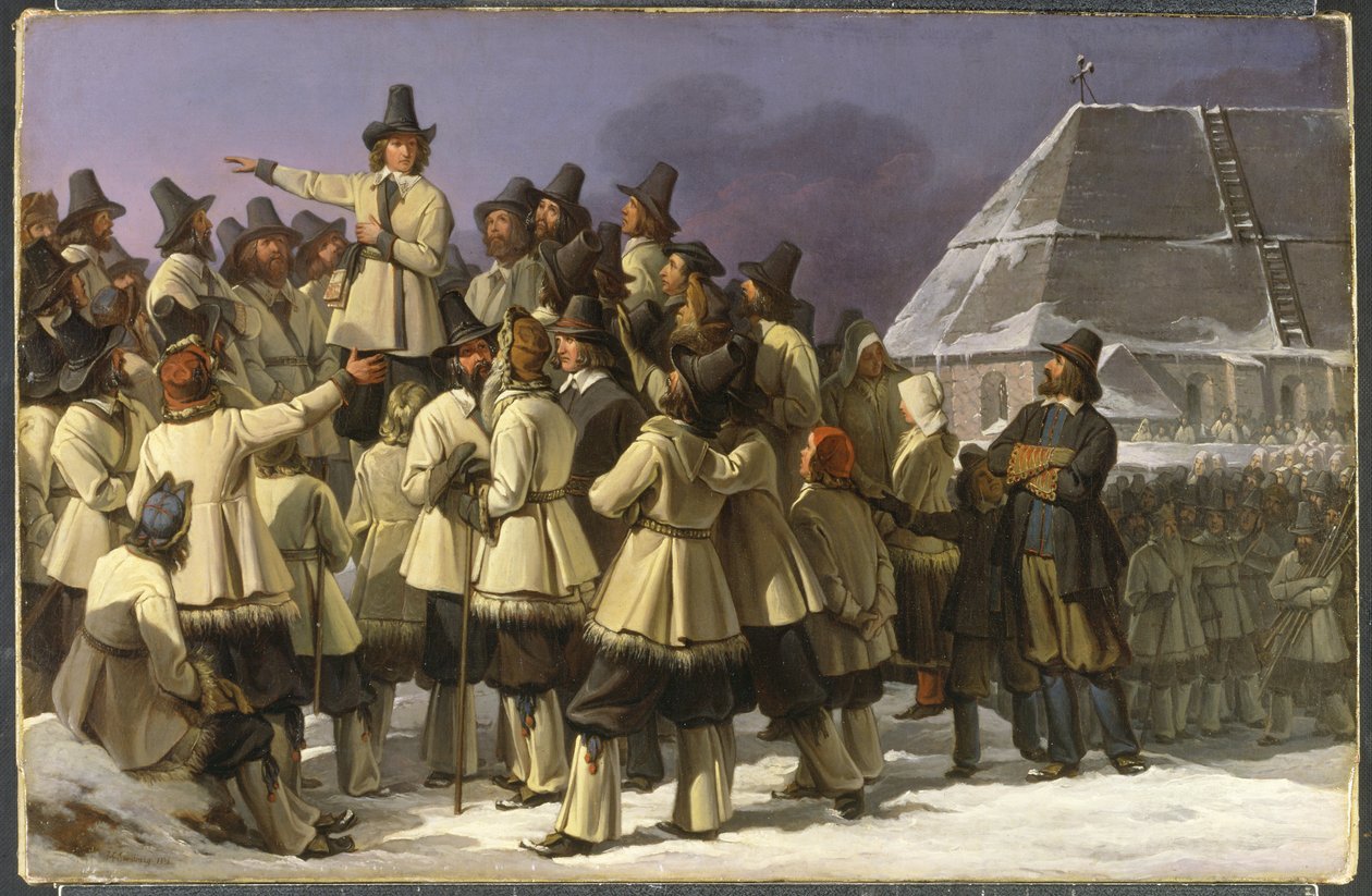 El rey Gustavo I Vasa (1496-1560) dirigiéndose a los hombres de Dalecarlia en Mora de Johan Gustaf Sandberg