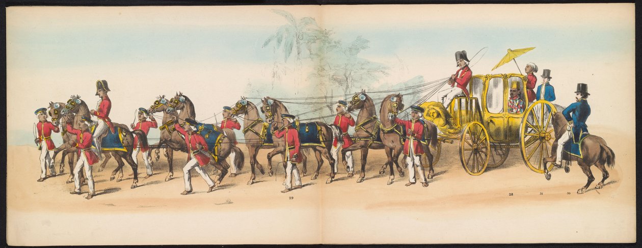Mascarada de los estudiantes de Delft, 1857 (lámina 3) Procesión de disfraces realizada por los miembros del cuerpo de estudiantes de Delft el 5 de mayo de 1857, que representa la procesión de Garebeg del sultán de Djokjokarta y los tipos más característic de Johan Hendrik Hoffmeister