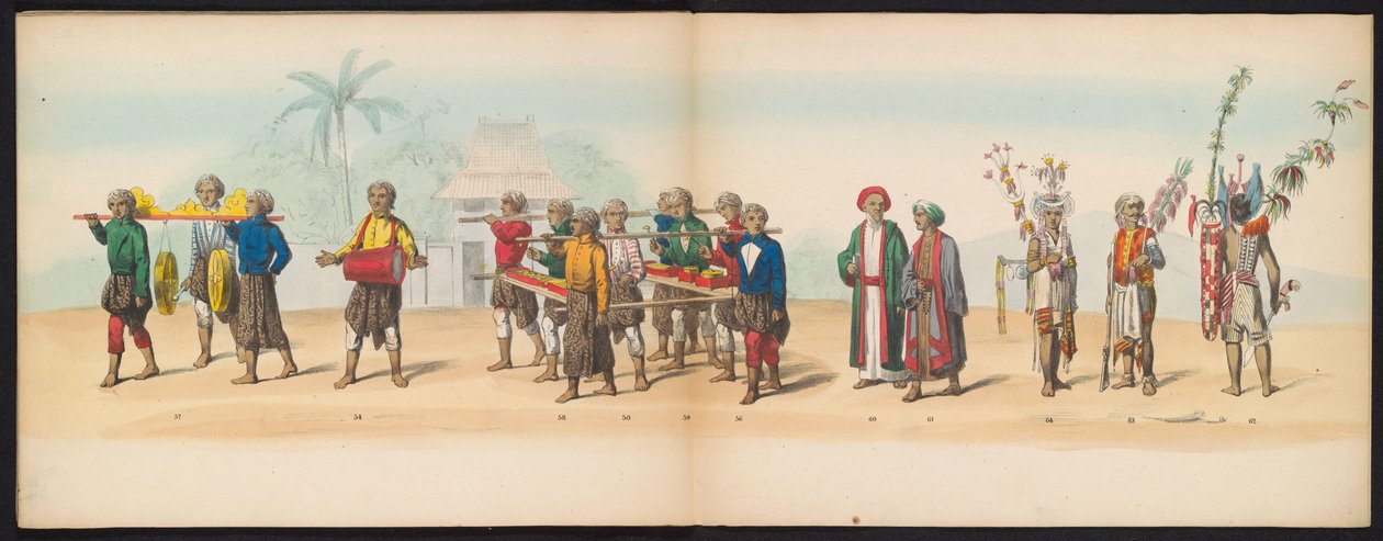 Mascarada de los estudiantes de Delft, 1857 (lámina 7) Procesión disfrazada realizada por los miembros del cuerpo de estudiantes de Delft el 5 de mayo de 1857, que representa la procesión de Garebeg del sultán de Djokjokarta y los tipos más característicos de Johan Hendrik Hoffmeister