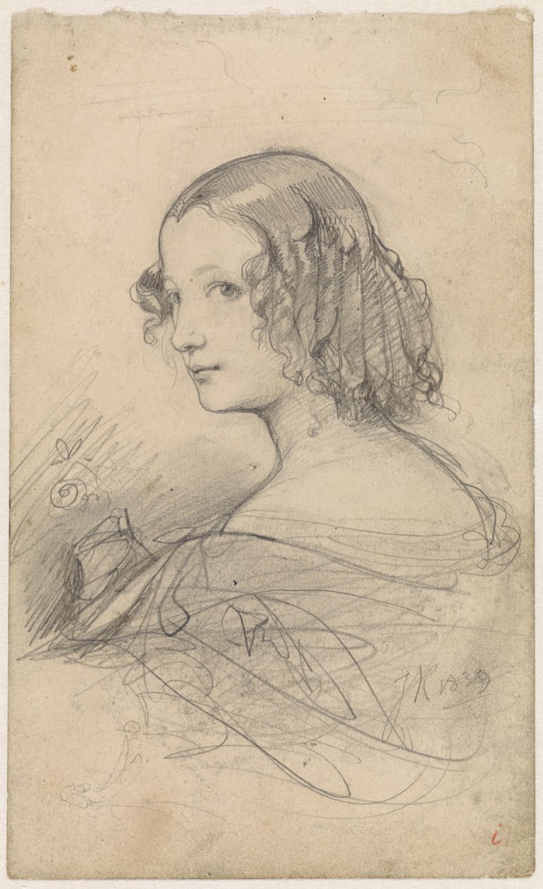 Retrato de una mujer joven con tirabuzones, mirando hacia la izquierda de Johan Hendrik Koelman