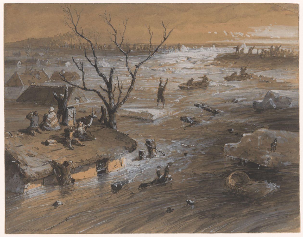 Rotura del dique en Brakel, 4 de enero de 1861 (título en el objeto) de Johan Hendrik Weissenbruch (signed by artist)