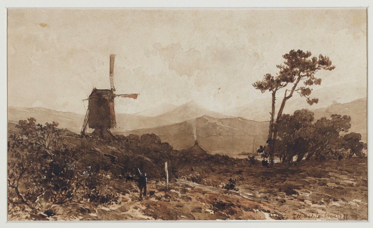 Paisaje de colinas con un molino a la izquierda de Johan Hendrik Weissenbruch