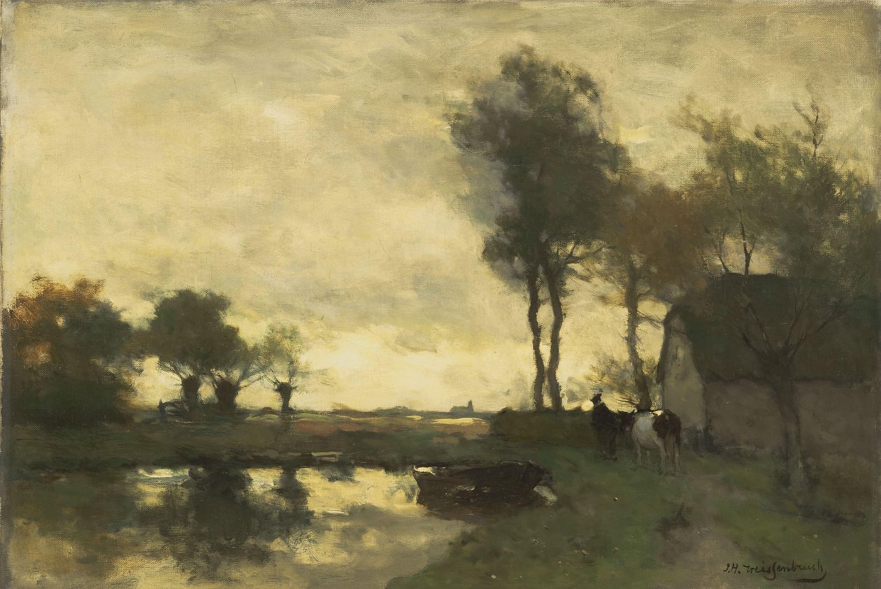 Paisaje con granja cerca de un estanque de Johan Hendrik Weissenbruch