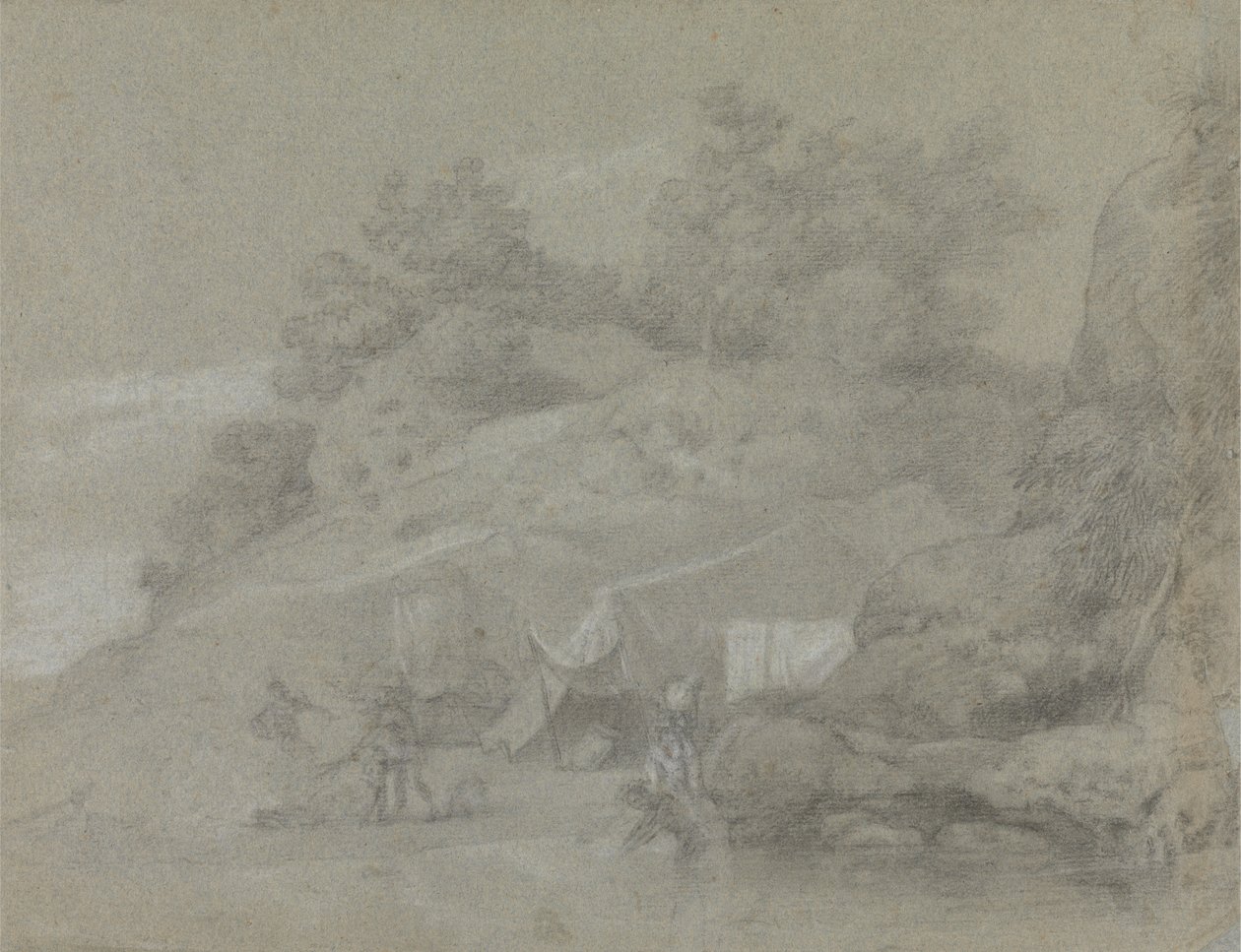 Un río junto a una orilla rocosa con figuras, posiblemente en la India de Johan Joseph Zoffany