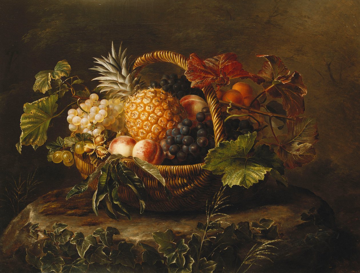 Una piña, uvas, duraznos y albaricoques en una cesta de Johan Laurents Jensen