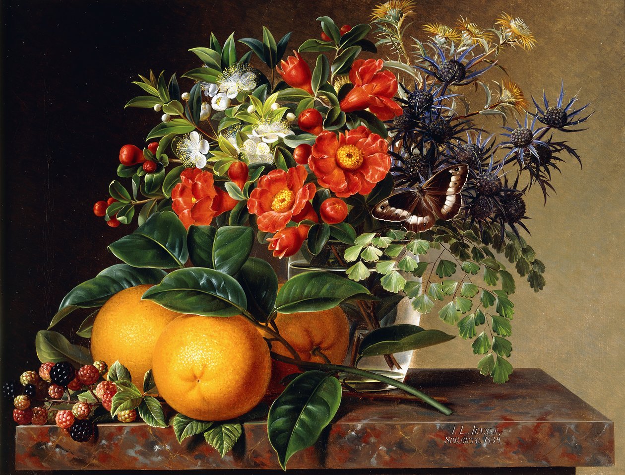 Naranjas, moras y un jarrón de flores en un borde, 1834 de Johan Laurents Jensen