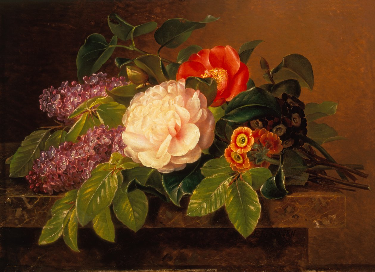 Peonías, lilas y prímulas sobre una cornisa de mármol (óleo sobre tabla) de Johan Laurents Jensen