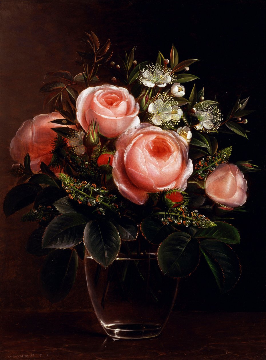 Rosas y anémonas en jarrón de cristal. Pintura de Johan Laurentz Jensen (1800-1856 Danés) Collection privee de Johan Laurents Jensen