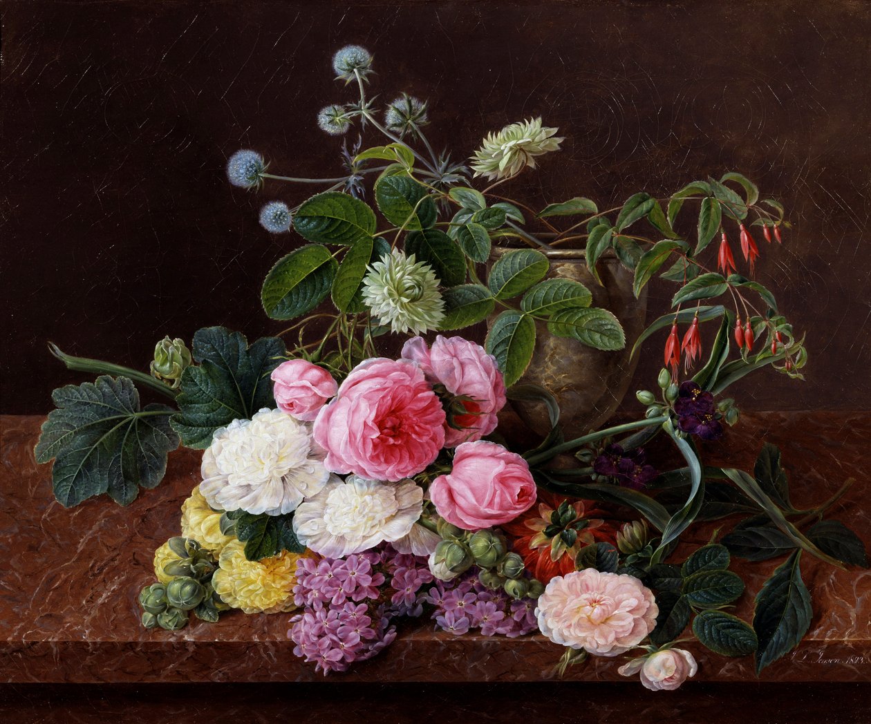Rosas de musgo, peonías y rosas dobles tremieres con comelines malva. Pintura de Johan Laurentz Jensen (1800-1856) Colección particular. de Johan Laurents Jensen