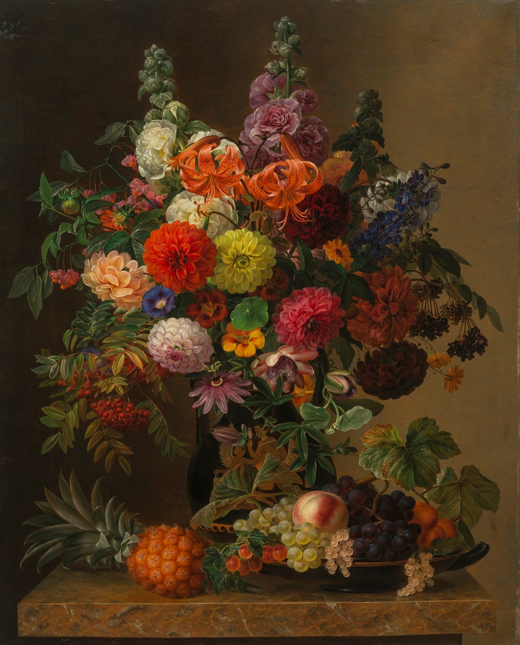 Naturaleza muerta con flores y frutas, 1836 de Johan Laurentz Jensen