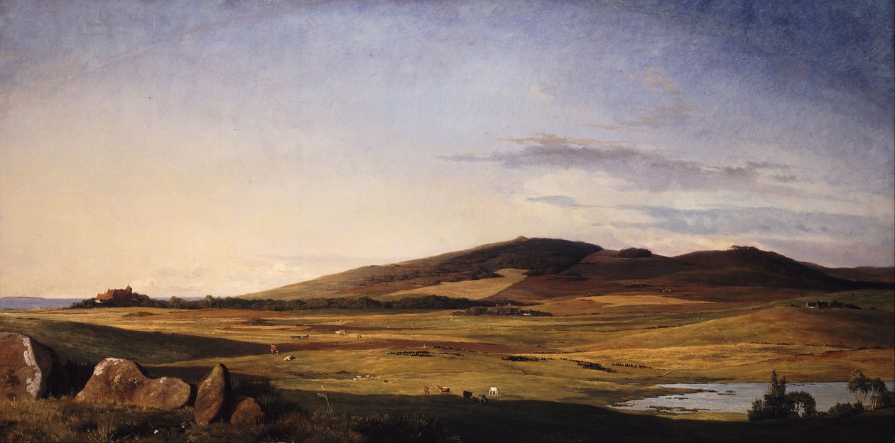 Paisaje de Zelanda. Vista desde Bjerresø Mark hacia Vejrhøj y la mansión Dragsholm de Johan Lundbye