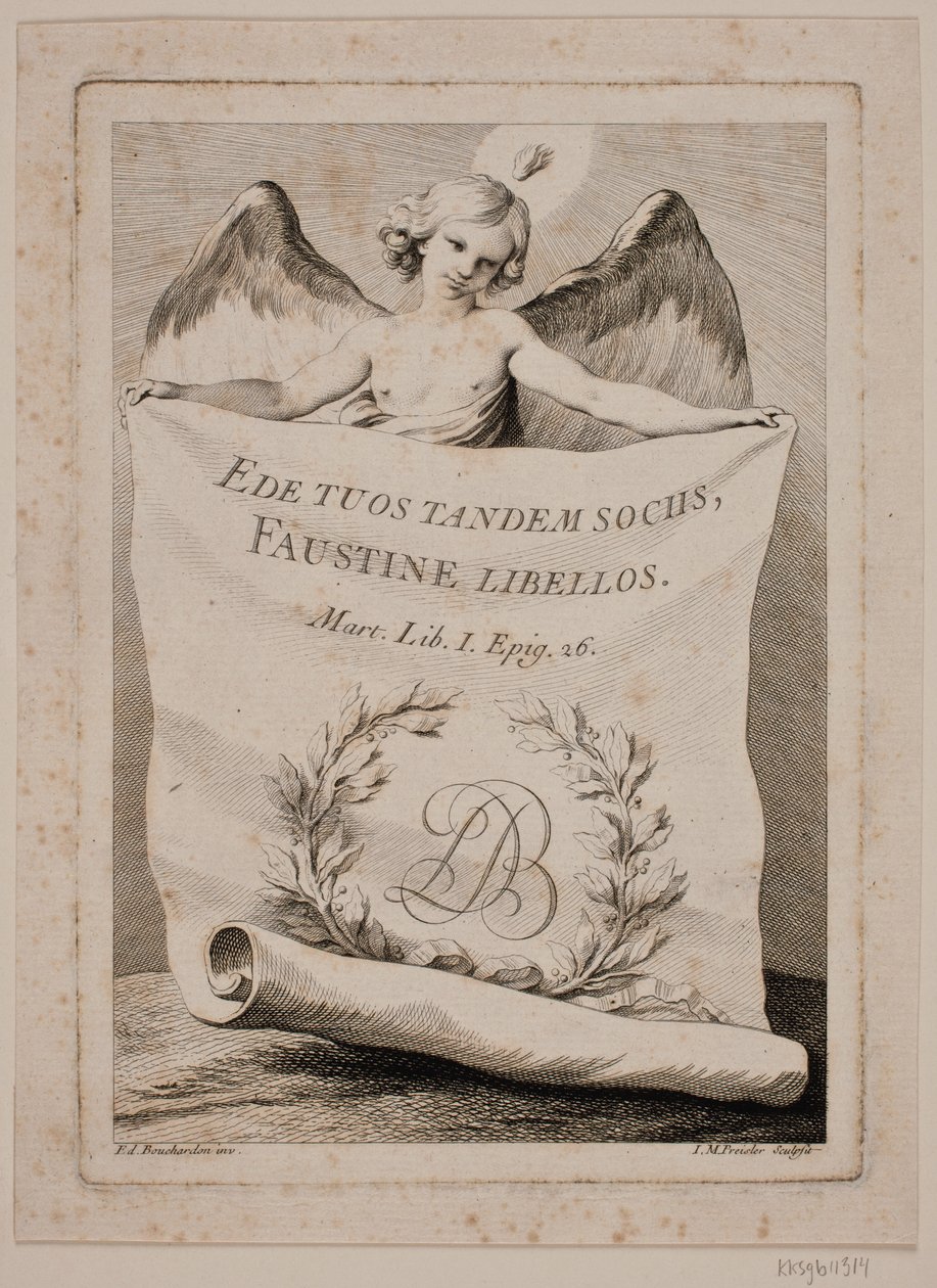 Cobre de título con un ángel sosteniendo un gran papel de Johan Martin Preisler