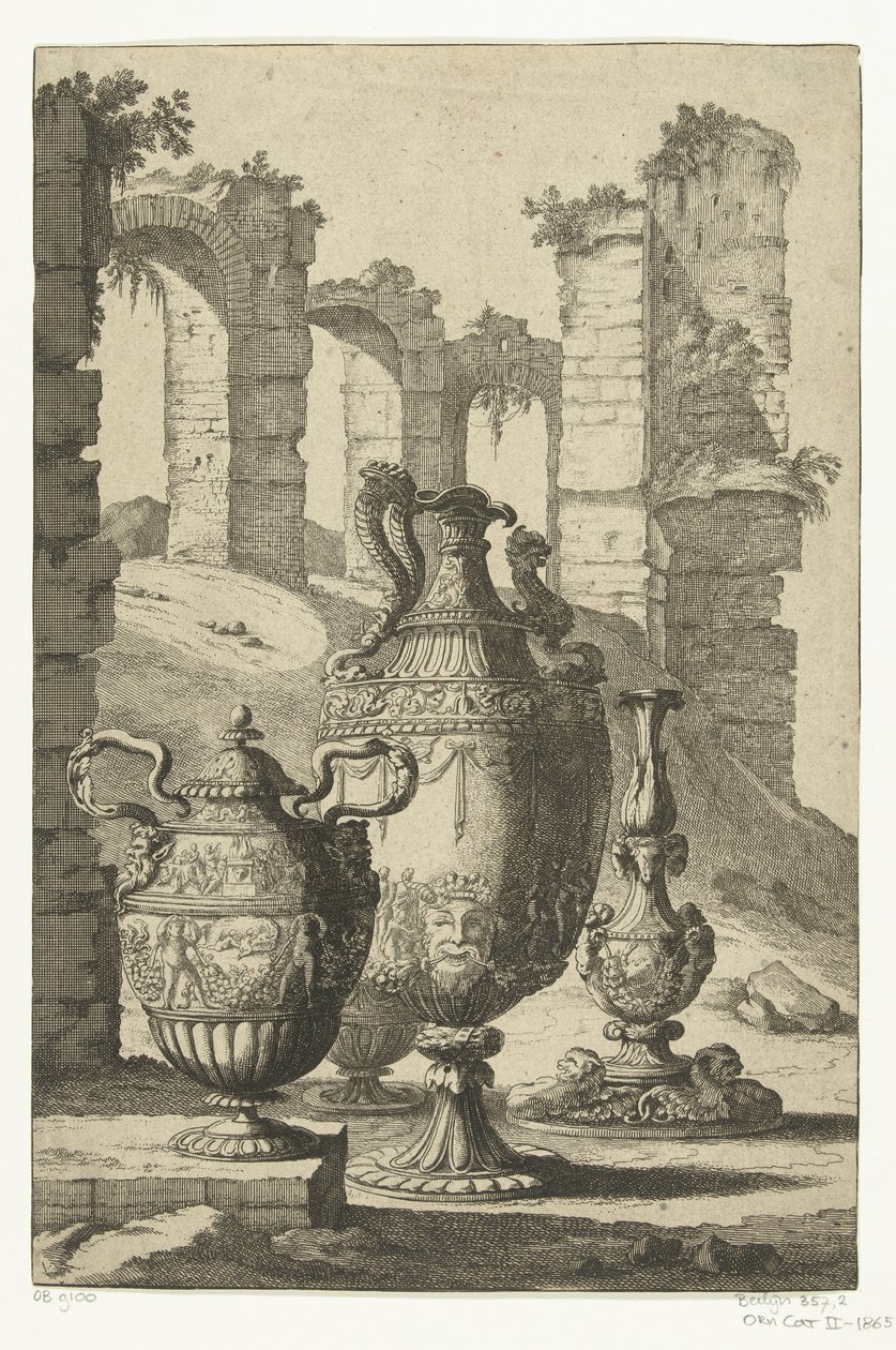Tres jarrones y un candelero Materiam superabat opus (título sobre objeto) Jarrones y candelabros (título de la serie) de Johan Teyler (attributed to)