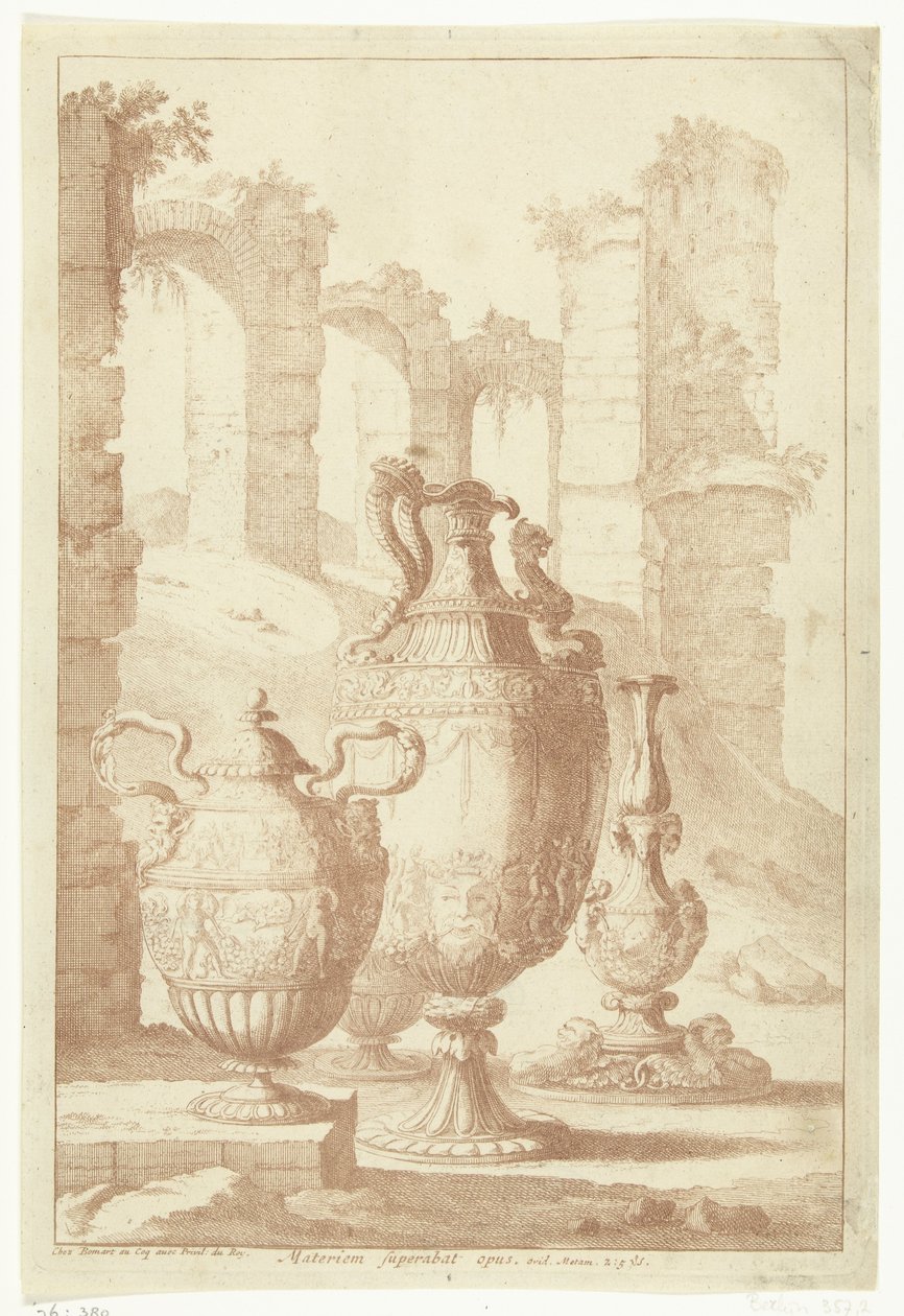 Tres jarrones y un candelero Materiam superabat opus (título sobre objeto) Jarrones y candelabros (título de la serie) de Johan Teyler (attributed to)