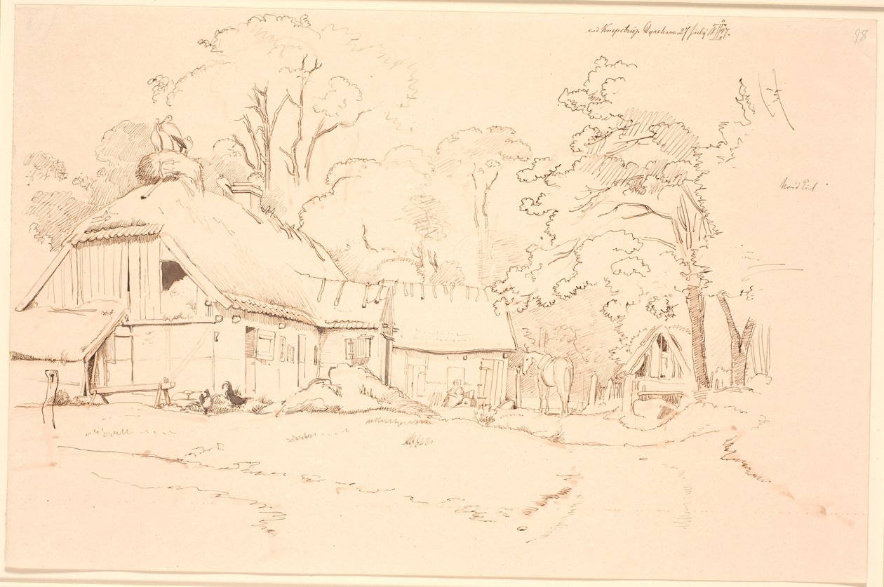 Casa de campo con un nido de cigüeña en el techo de Johan Thomas Lundbye