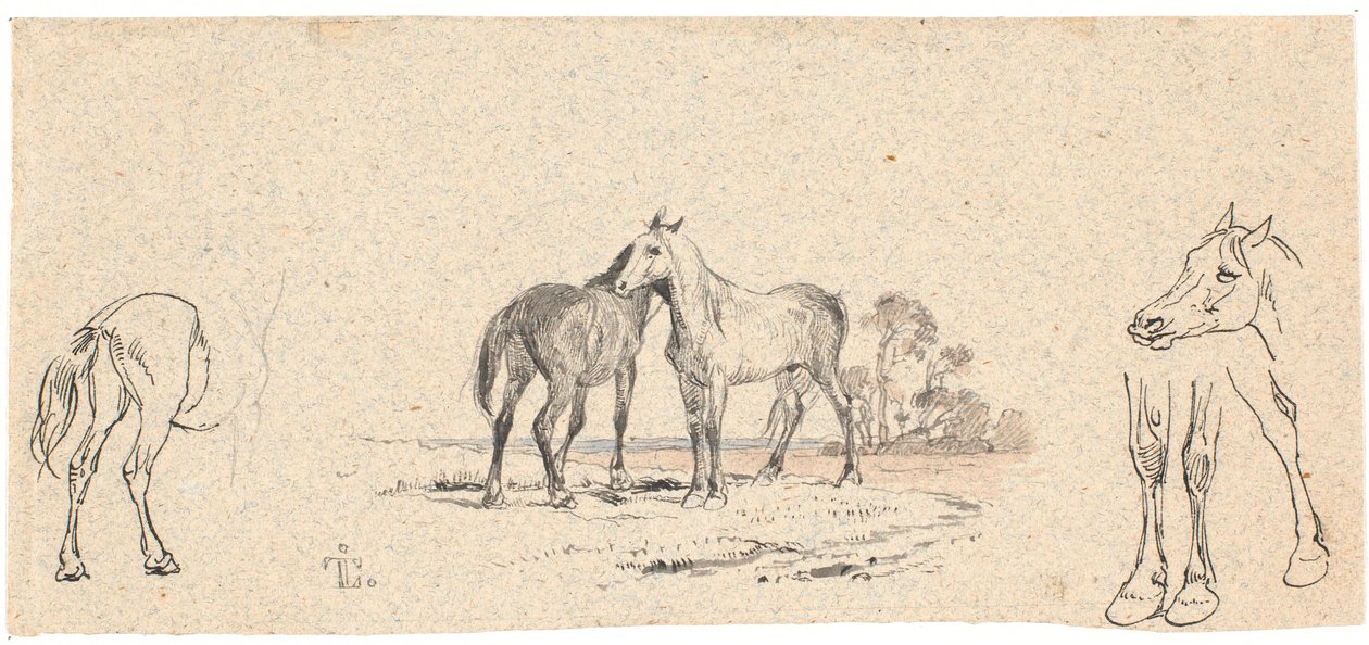 Los dos caballos; y estudio de caballos de Johan Thomas Lundbye