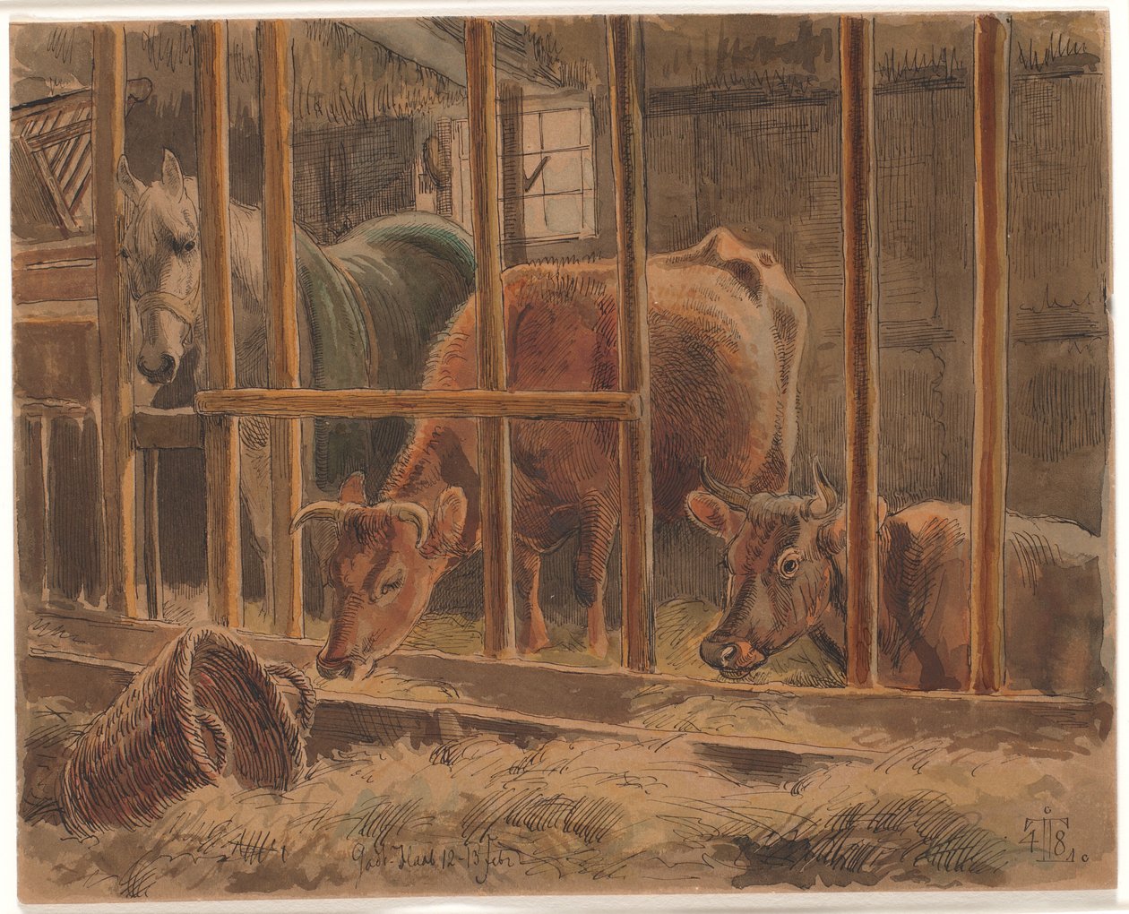 El interior de un establo con un caballo blanco y dos vacas de Johan Thomas Lundbye