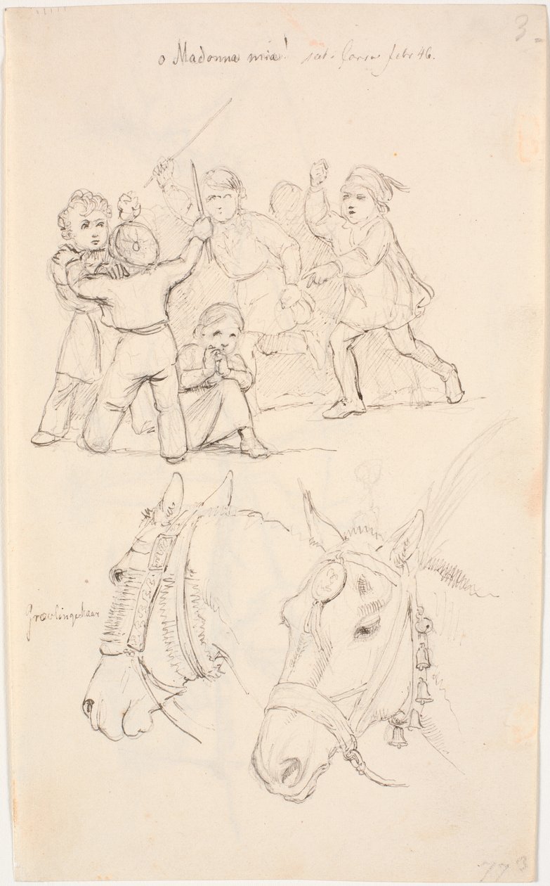 Una niña en medio de un grupo de niños peleando, dos cabezas de caballo en la parte inferior de Johan Thomas Lundbye