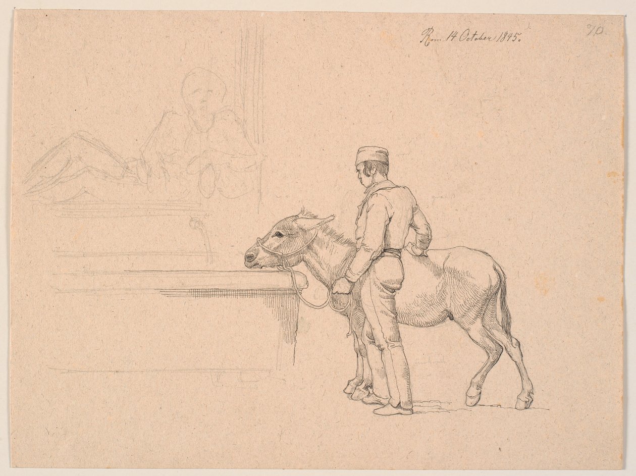 Un hombre con un burro junto a una fuente de Johan Thomas Lundbye
