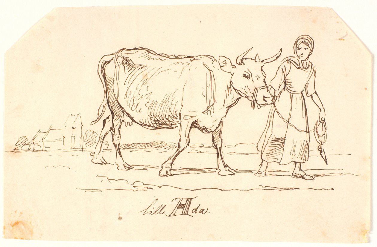 Una niña tirando de una vaca en un paisaje con una iglesia. "Pequeña Ada" de Johan Thomas Lundbye