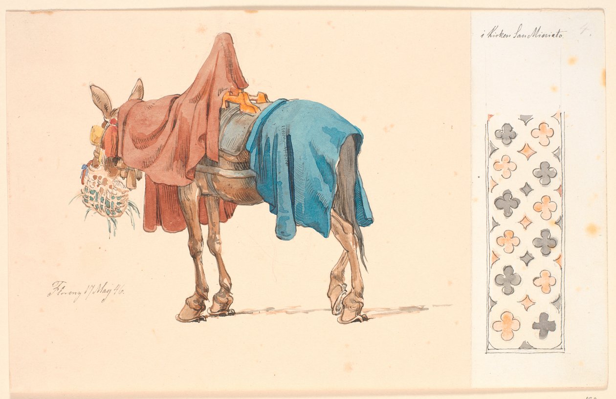 Un mulo comiendo su forraje. A la derecha en papel pegado una cenefa decorativa de Johan Thomas Lundbye
