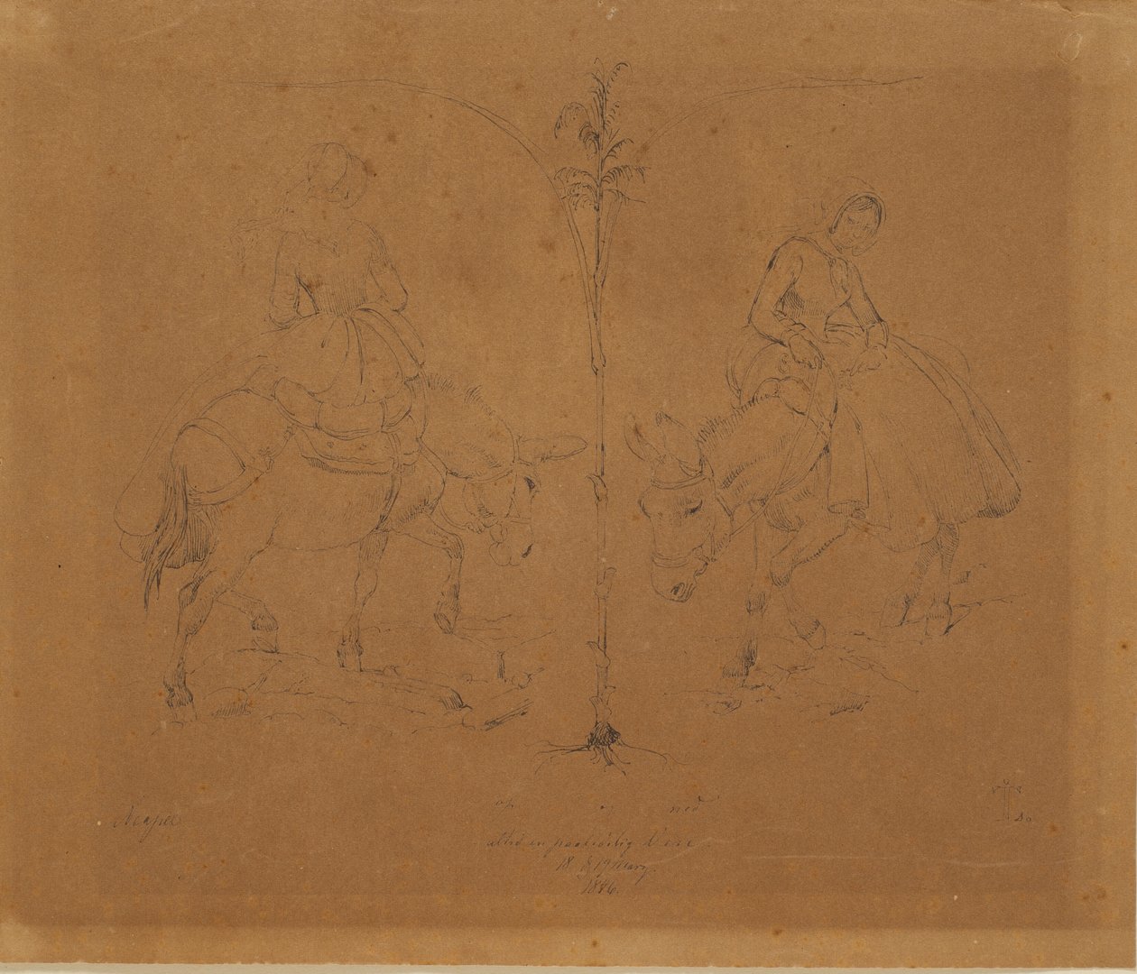 Fru Raffenberg sentada en un burro. Dos representaciones separadas por un tallo de planta de Johan Thomas Lundbye