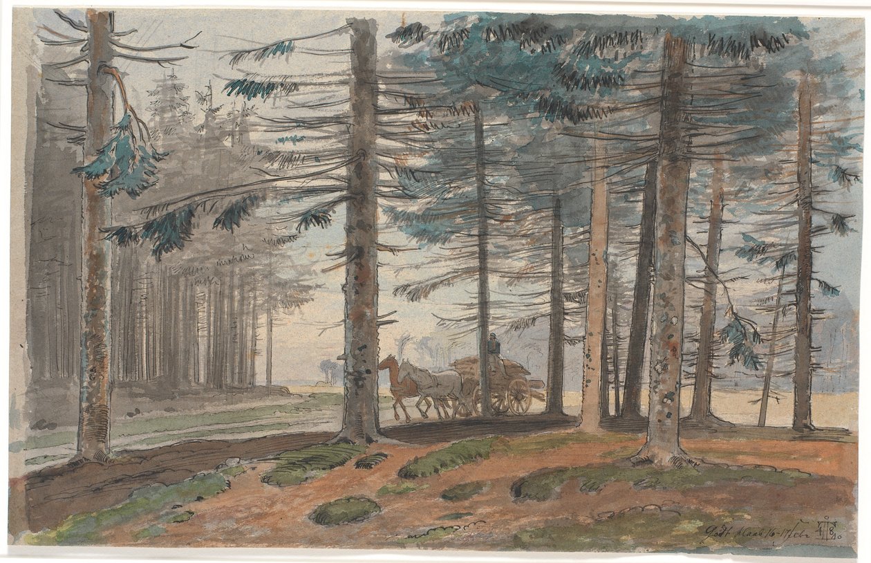 Bosque de abetos con camino, por donde pasa un carro de caballos con una carga de leña. En el fondo, un claro en el bosque de Johan Thomas Lundbye