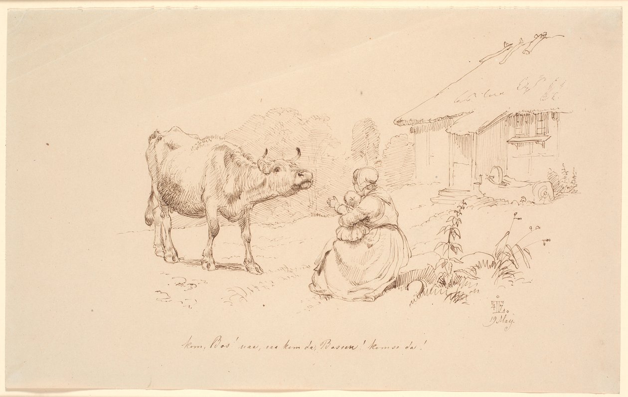 ¡Ven Bos! Afuera de una casa, una mujer con un niño que se extiende hacia una vaca de Johan Thomas Lundbye