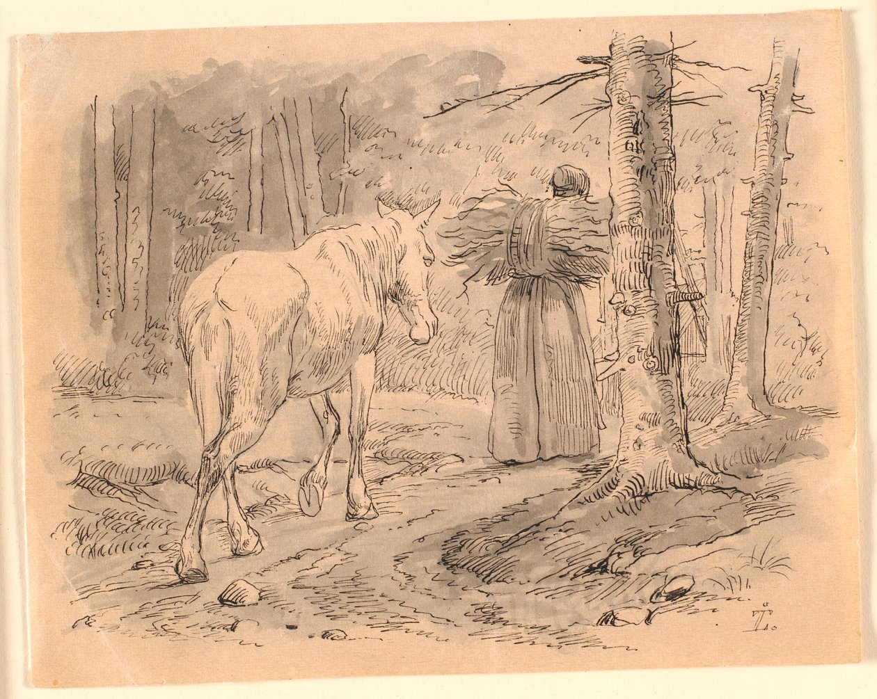 La mujer y el caballo. Ilustración de "Fábulas para niños" de Kaalund. Ver comentario del catálogo de archivos. de Johan Thomas Lundbye