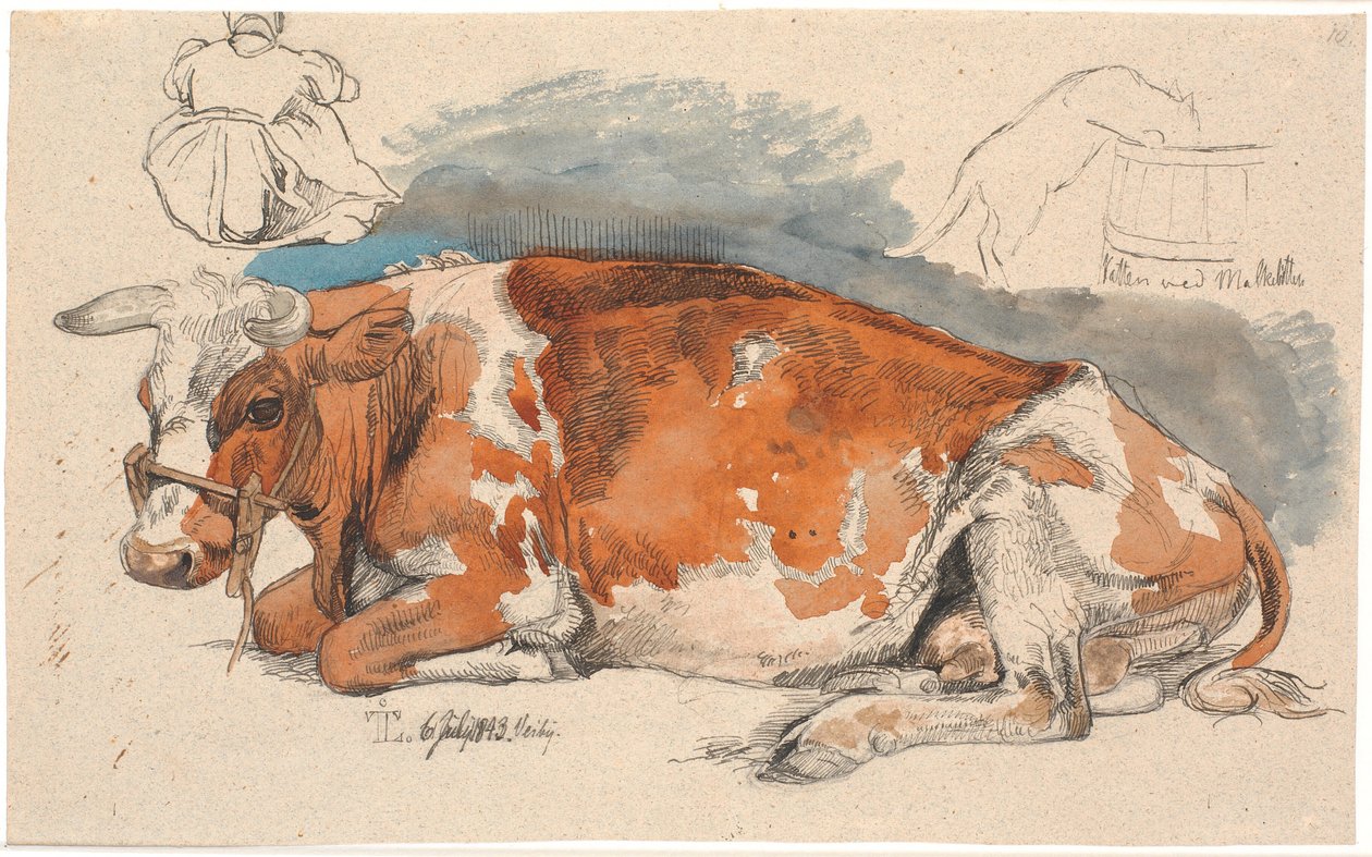 Vaca acostada. Arriba a la izquierda una campesina sentada, a la derecha un gato bebiendo de un diente de león de Johan Thomas Lundbye