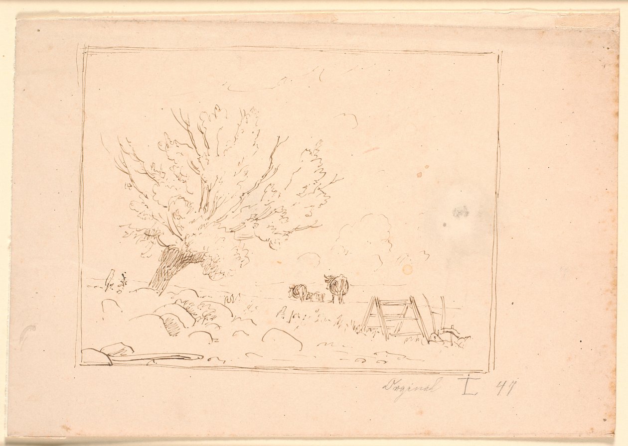 Paisaje con un sauce junto a grandes piedras, un gallo, un arado y tres vacas de Johan Thomas Lundbye