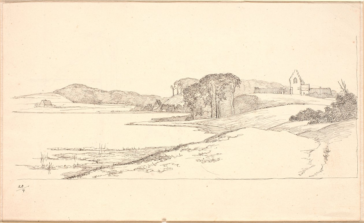 Parti ved Søllerød Sø, t.h. kirken de Johan Thomas Lundbye