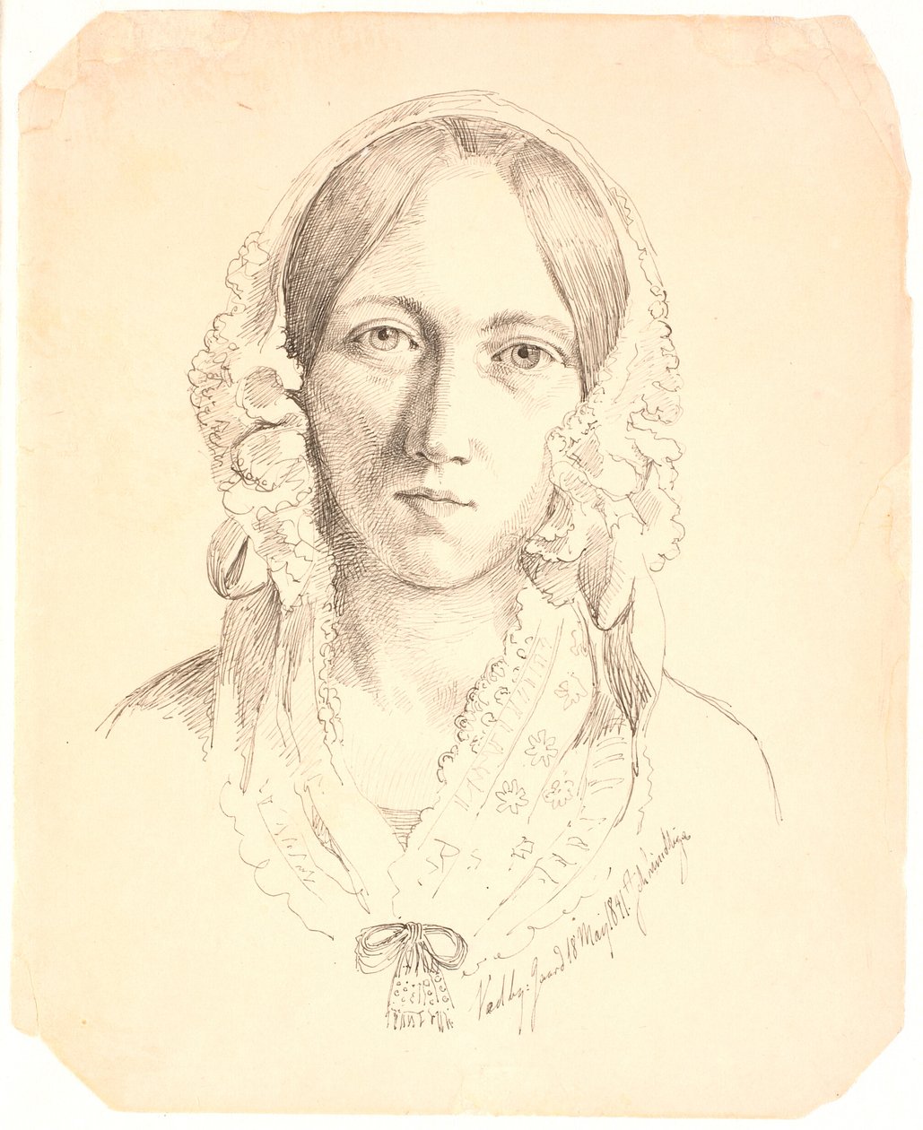 Retrato de una joven mujer, de frente. Posiblemente representando a Louise Marie Neergaard (1816-1895) de Johan Thomas Lundbye