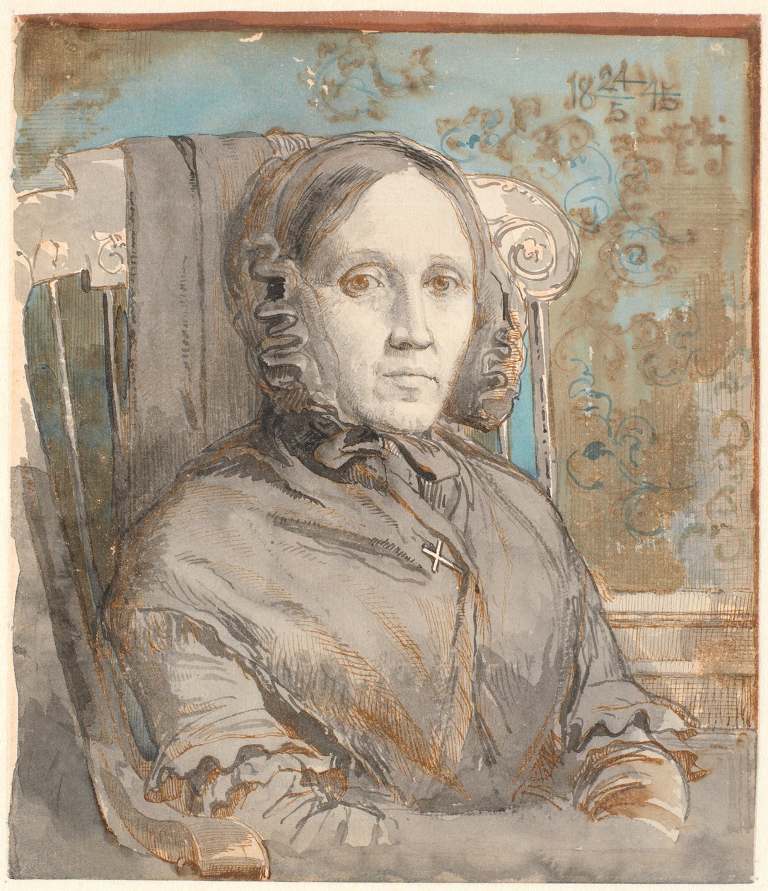 Retrato de la madre del artista, la coronela Cathrine Lundbye (nacida Bonnevie); medio cuerpo sentada en una silla hacia la derecha de Johan Thomas Lundbye