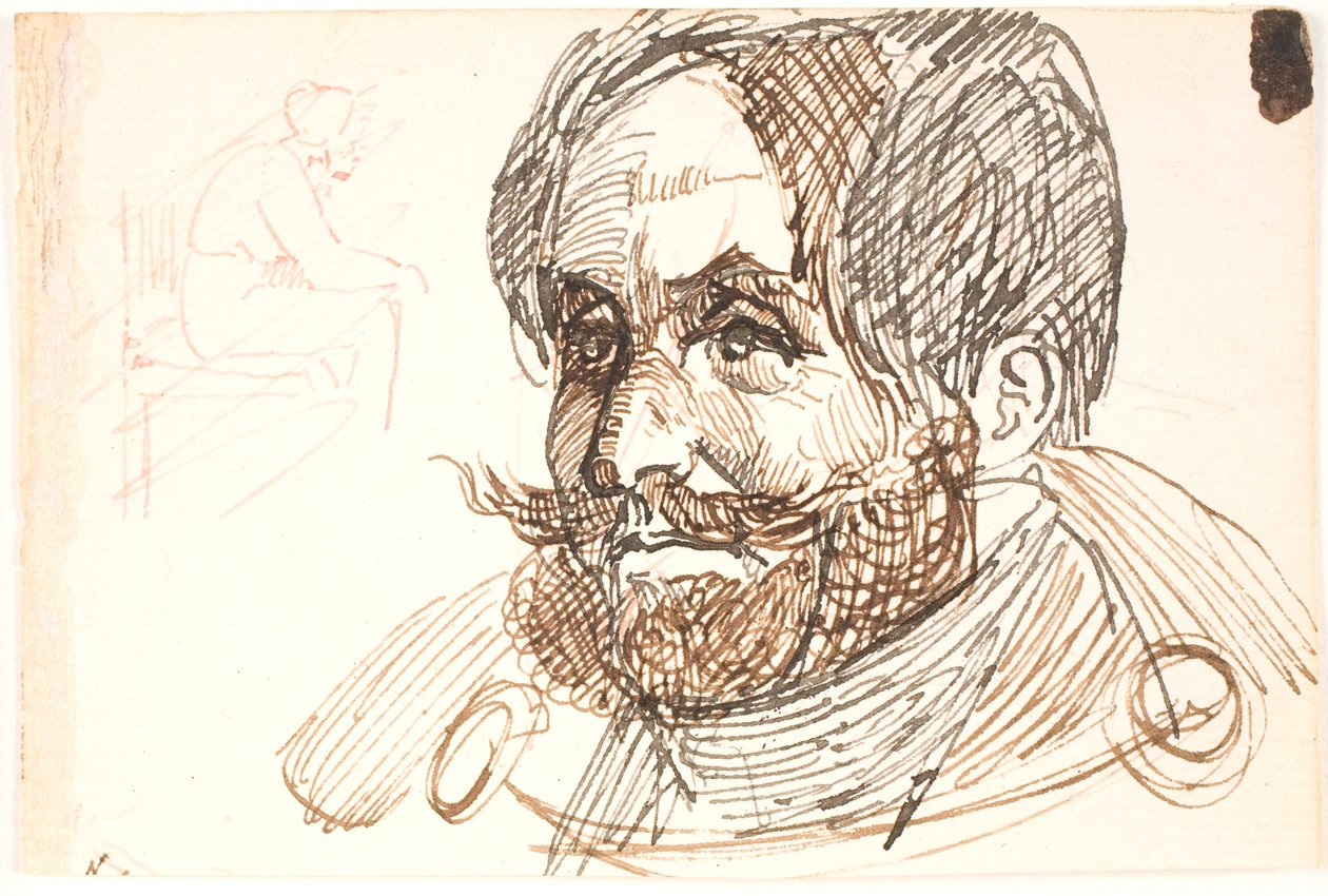 Retrato de un hombre barbudo con chaqueta y estudio de una mujer sentada de Johan Thomas Lundbye