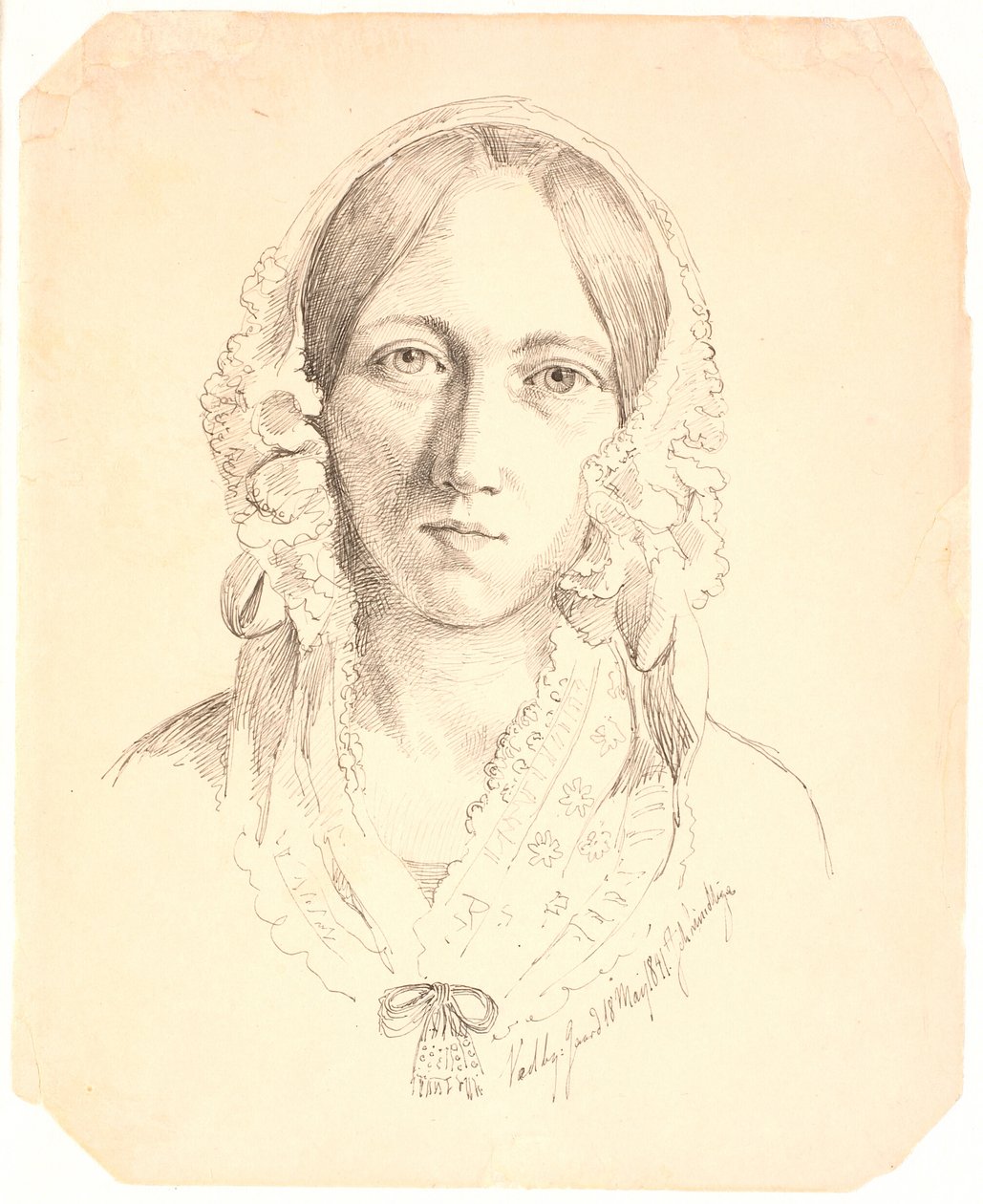 Retrato de una joven mujer, de frente. Posiblemente representando a Louise Marie Neergaard (1816-1895) de Johan Thomas Lundbye
