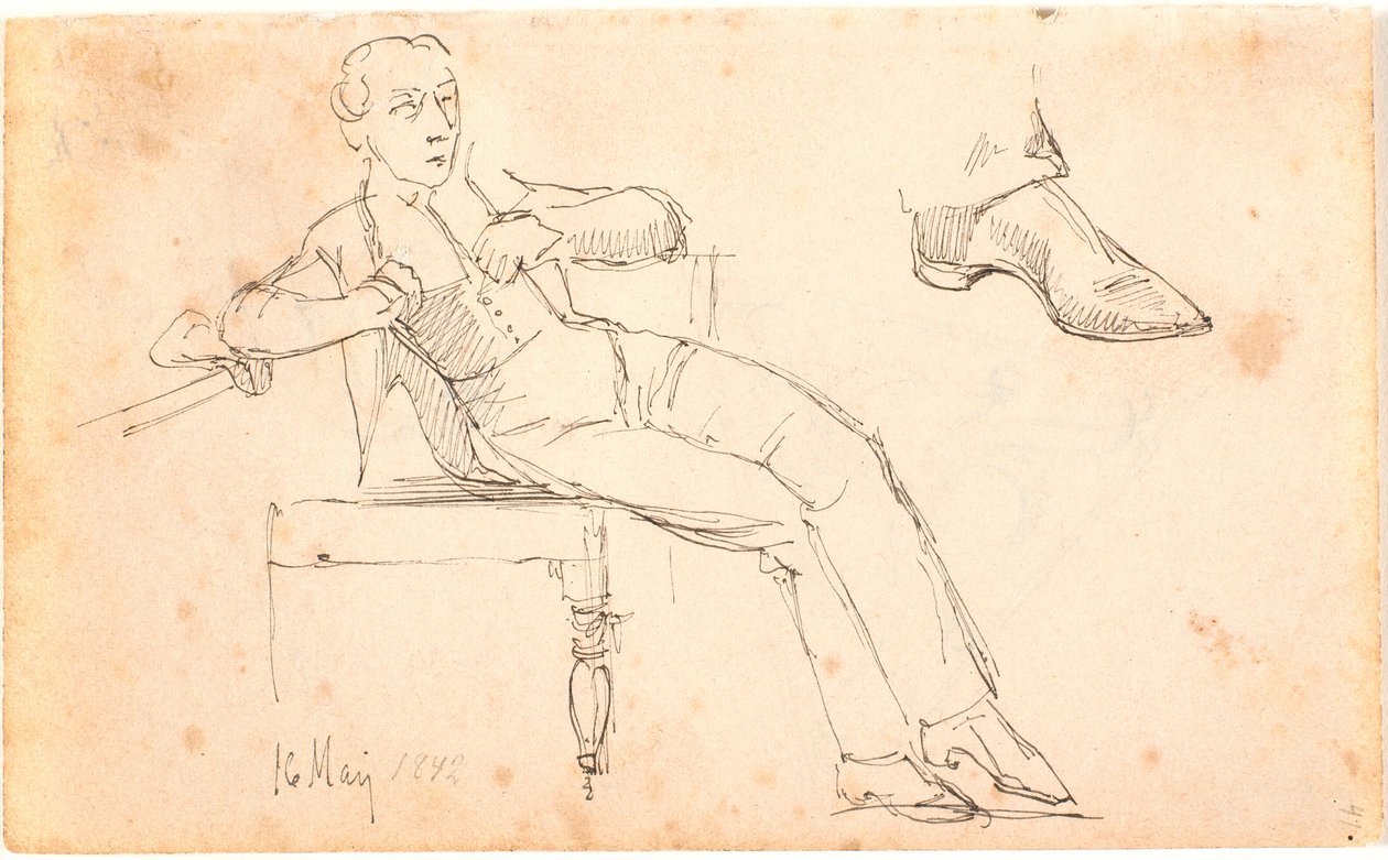 Hoja de cuaderno de bocetos con joven sentado y estudio de un zapato de Johan Thomas Lundbye