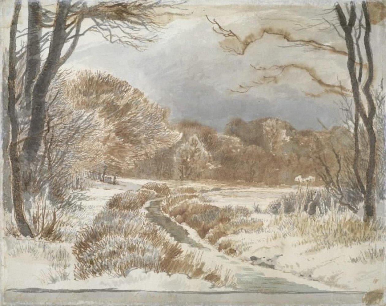 Paisaje nevado con arroyo. Purlund y Vallø de Johan Thomas Lundbye